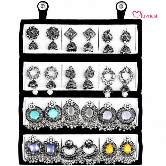 Set Of 12 PREMIUM Oxidized Designer Stud Earrings With Folding Jewelry Box