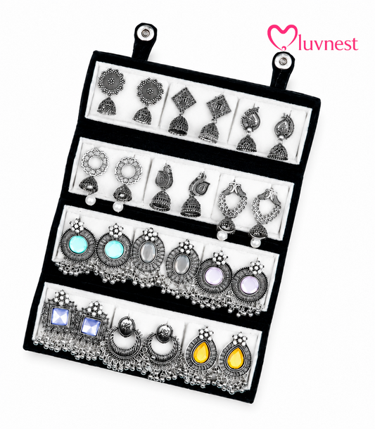 Set Of 12 PREMIUM Oxidized Designer Stud Earrings With Folding Jewelry Box